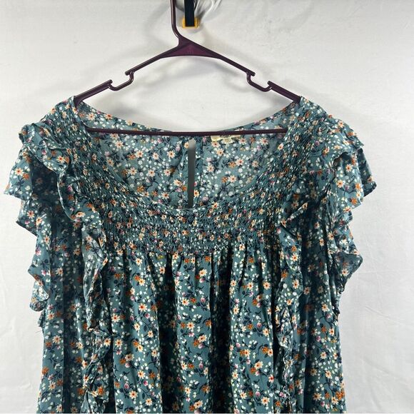 Kori Teal Floral Ruffle Babydoll Blouse 0721 - Picture 2 of 14